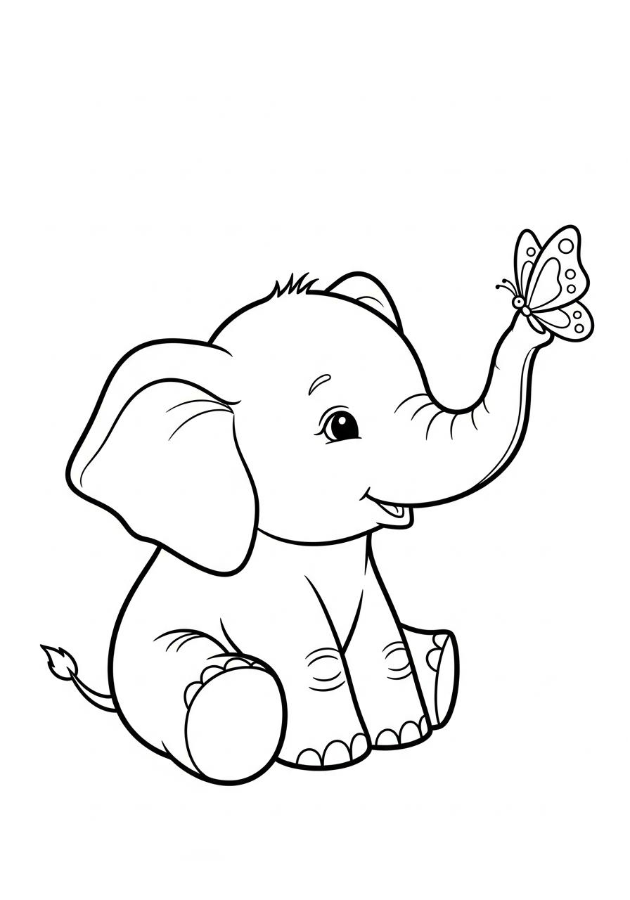 Elephant Coloring Pages 13 Cute baby elephant with butterfly coloring page