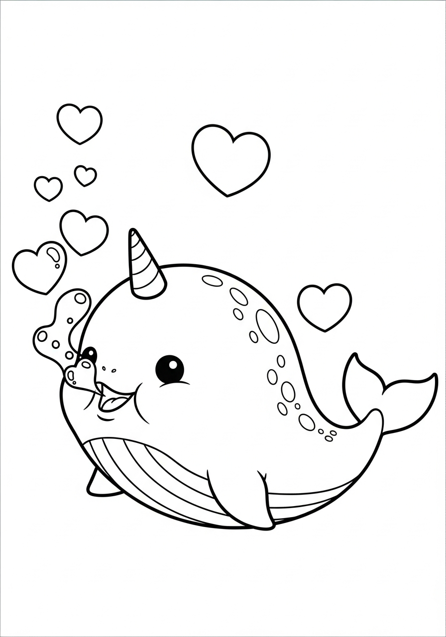 Narwhal Coloring Pages 7 Cute baby narwhal blowing bubbles coloring page