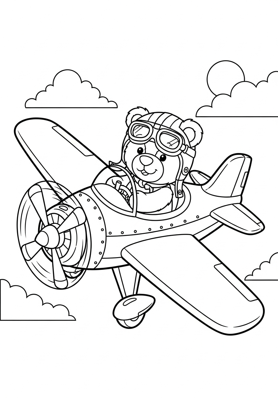 Airplane Coloring Pages 9 Cute bear pilot flying plane coloring page