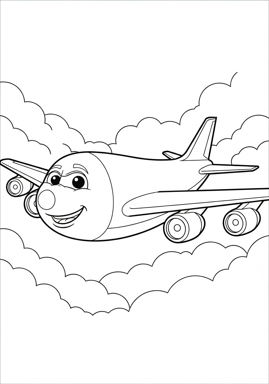 Airplane Coloring Pages 10 Cute cartoon jet flying in clouds coloring page