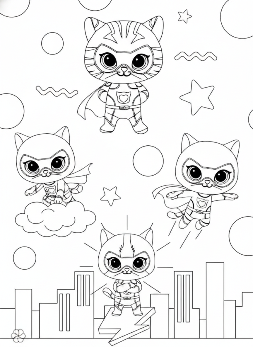Cute chibi team flying SuperKitties coloring page