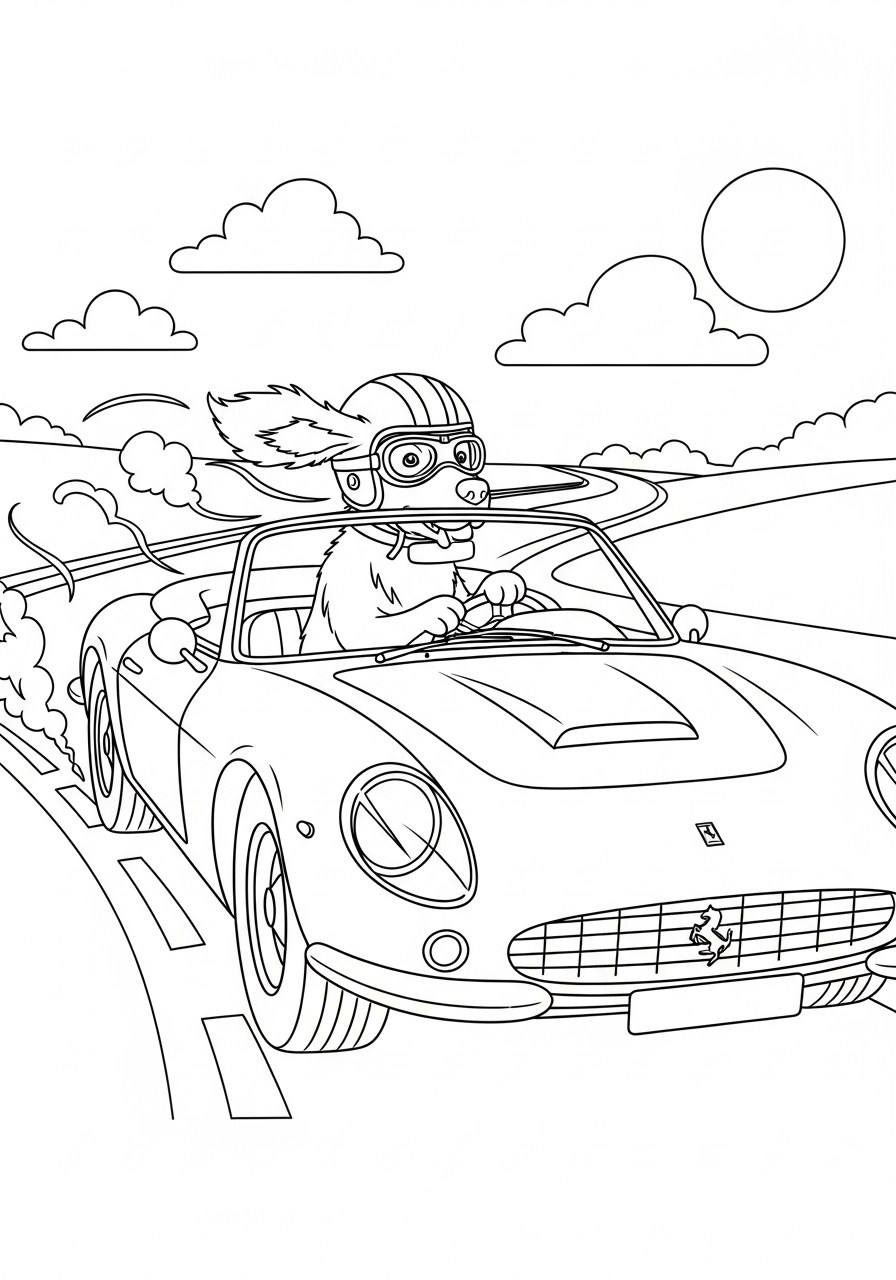 Ferrari Coloring Pages 9 Cute dog driving Ferrari convertible coloring page