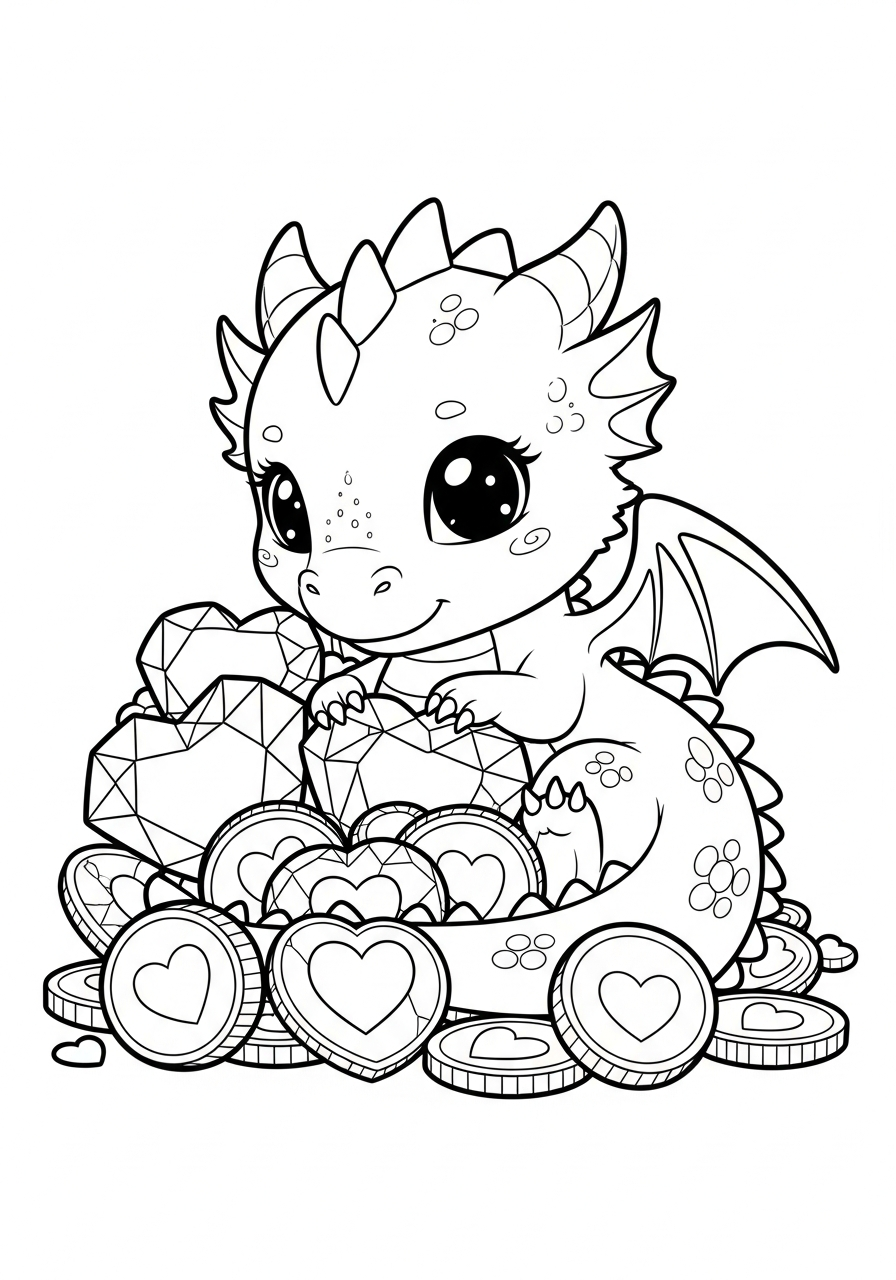 Valentine's Day Coloring Pages 10 Cute dragon with heart gems coloring page