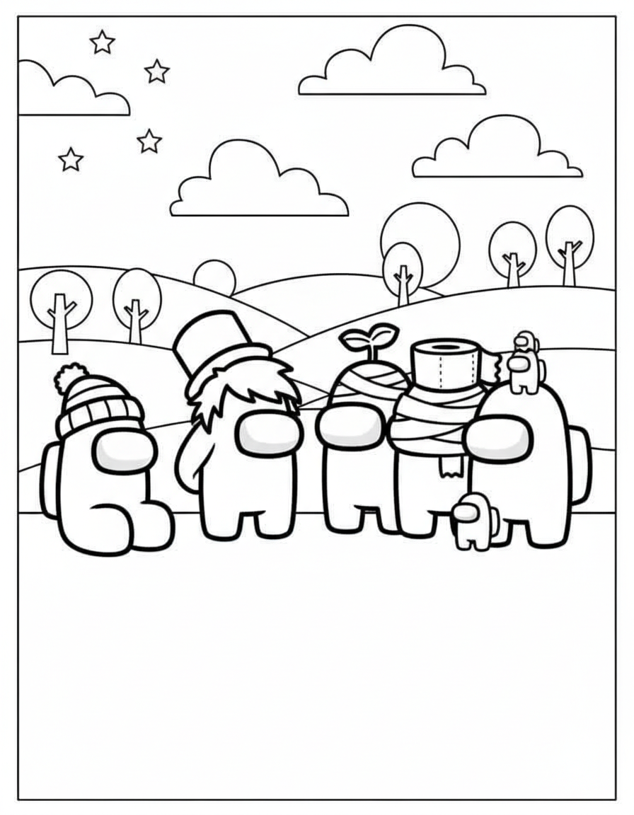 Cute group of crewmates Among Us coloring page