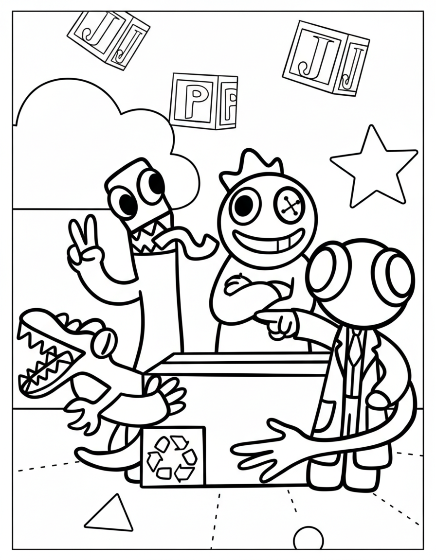Rainbow Friends Coloring Pages 9 Cute group of monsters Rainbow Friends coloring page