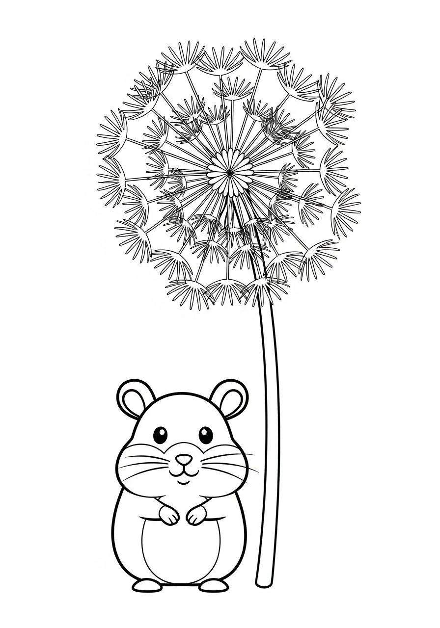 Cute hamster with dandelion flower coloring page