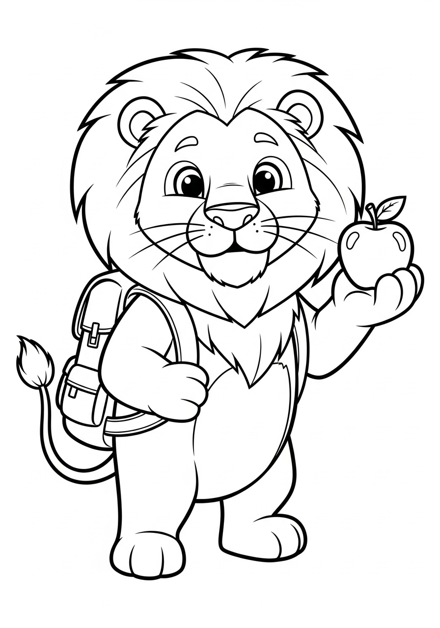 Cute lion going to school coloring page