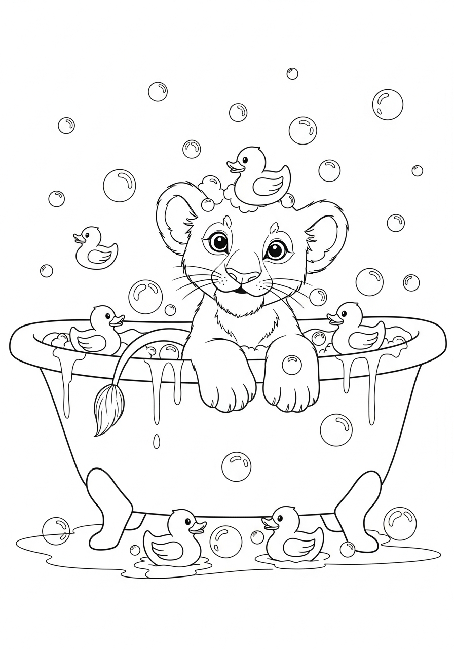 Cute lion taking a bath coloring page