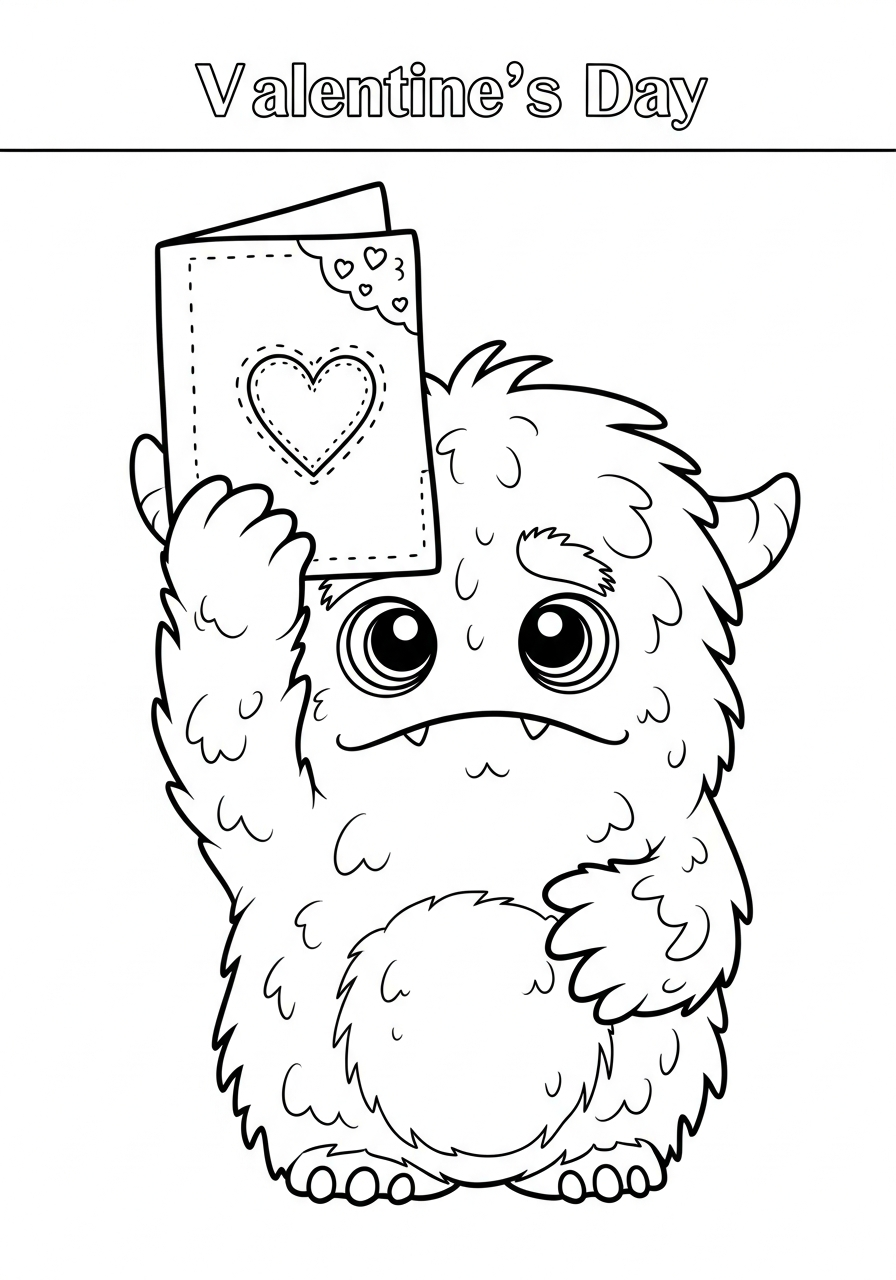 Valentine's Day Coloring Pages 12 Cute monster holding card valentine coloring page