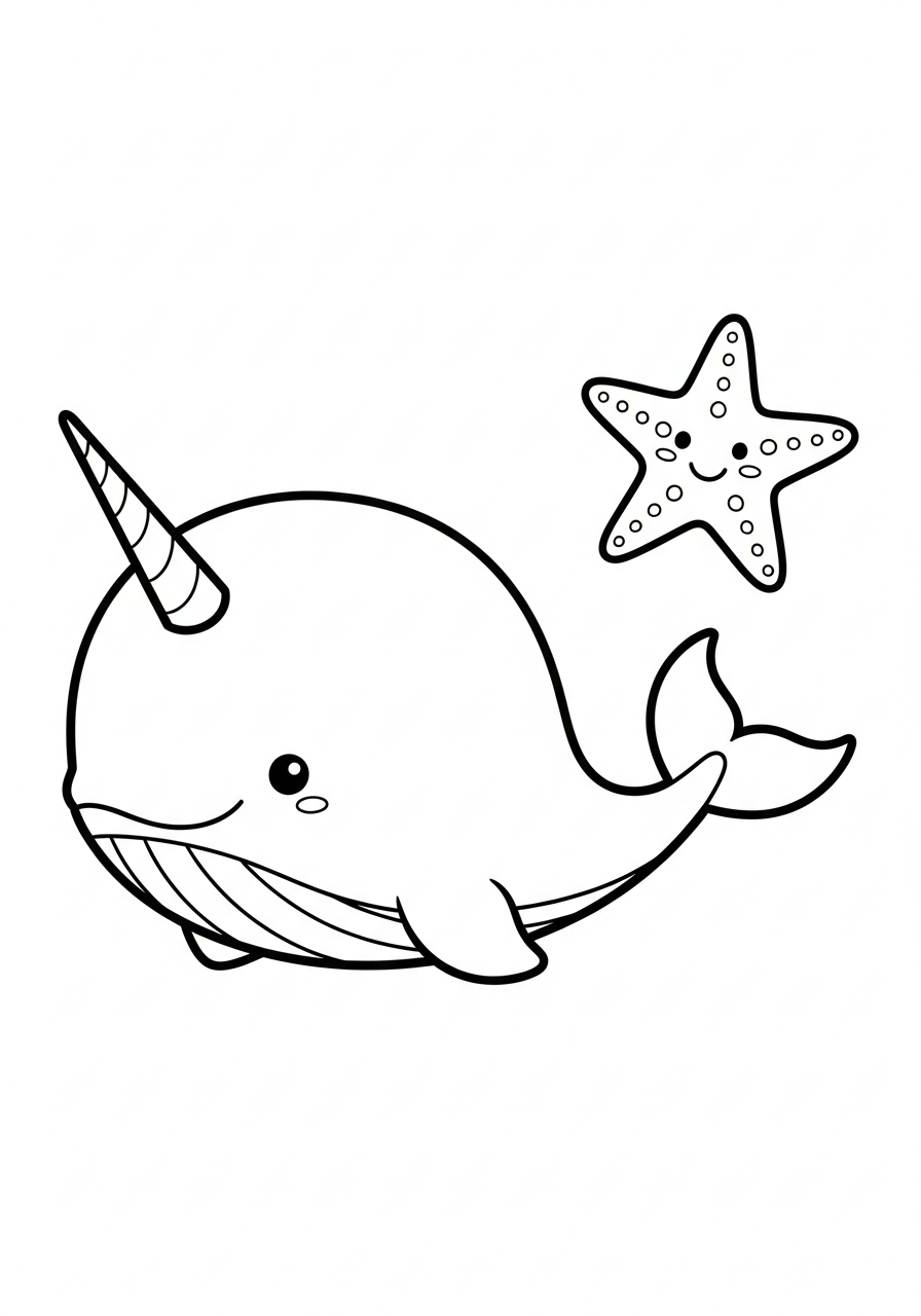 Narwhal Coloring Pages 8 Cute narwhal and starfish friend coloring page