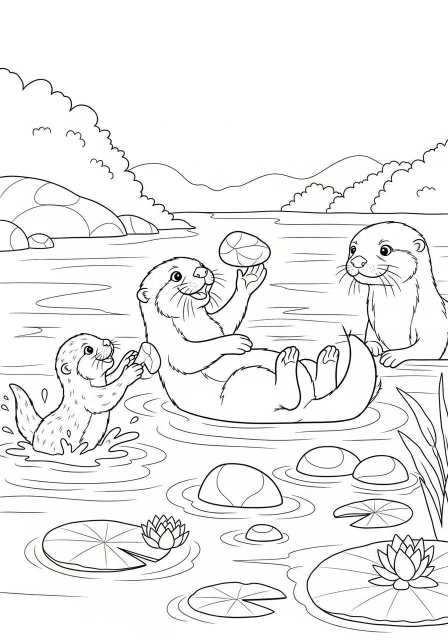 Otter Coloring Pages 9 Cute otter family in river coloring page