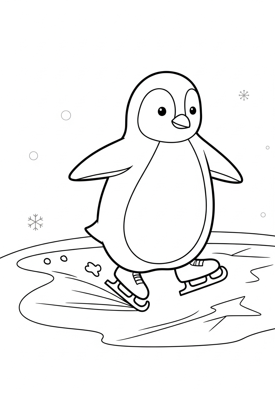 Cute penguin ice skating winter coloring page