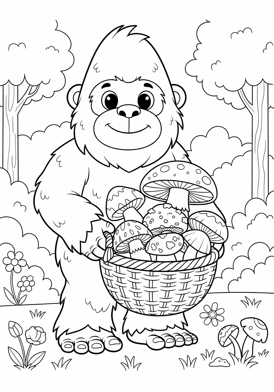 Bigfoot Coloring Pages 11 Cute sasquatch picking giant mushrooms coloring page