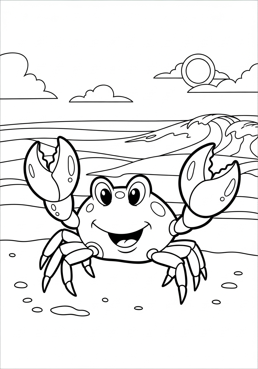 Cute smiling crab on sand coloring page
