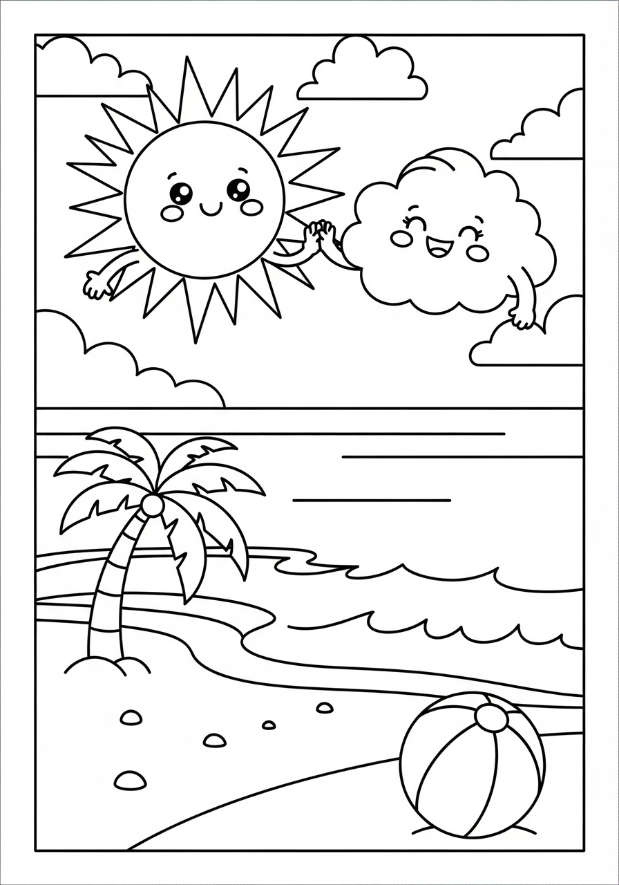 Cute sun and cloud friends coloring page