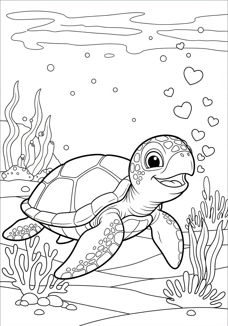 Cute turtle blowing heart bubbles coloring page