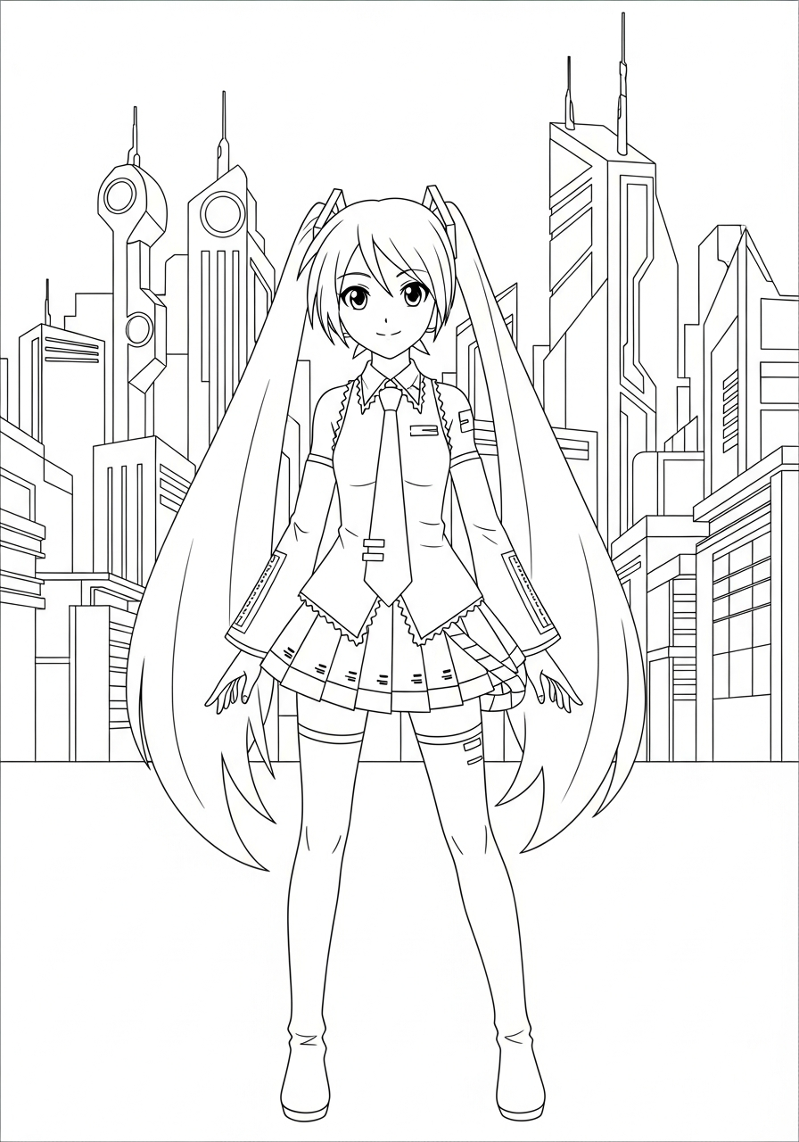 Cyberpunk city Hatsune Miku coloring page