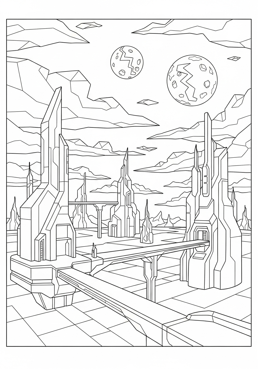 Cybertron metal planet landscape background coloring page