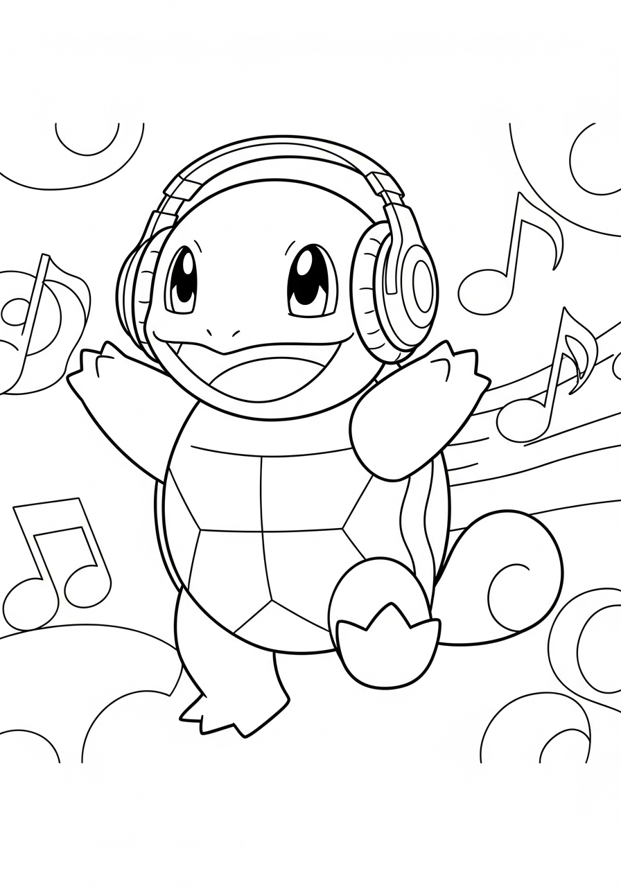 Dancing Squirtle with headphones coloring page