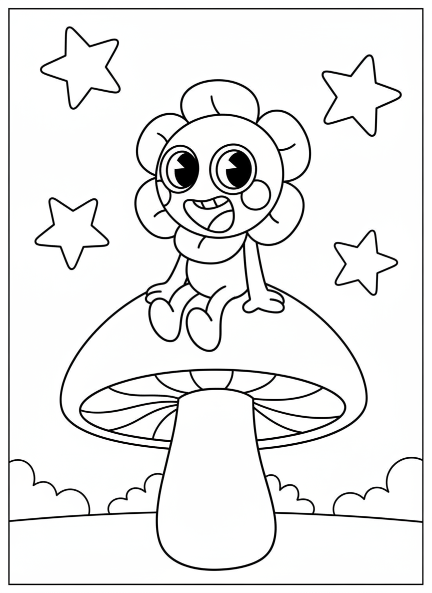Dandy sitting on giant mushroom coloring page