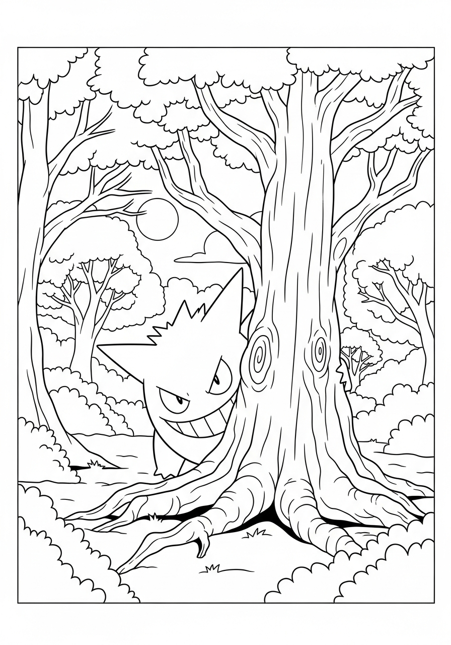 Gengar Coloring Pages 7 Dark forest Gengar hiding coloring page