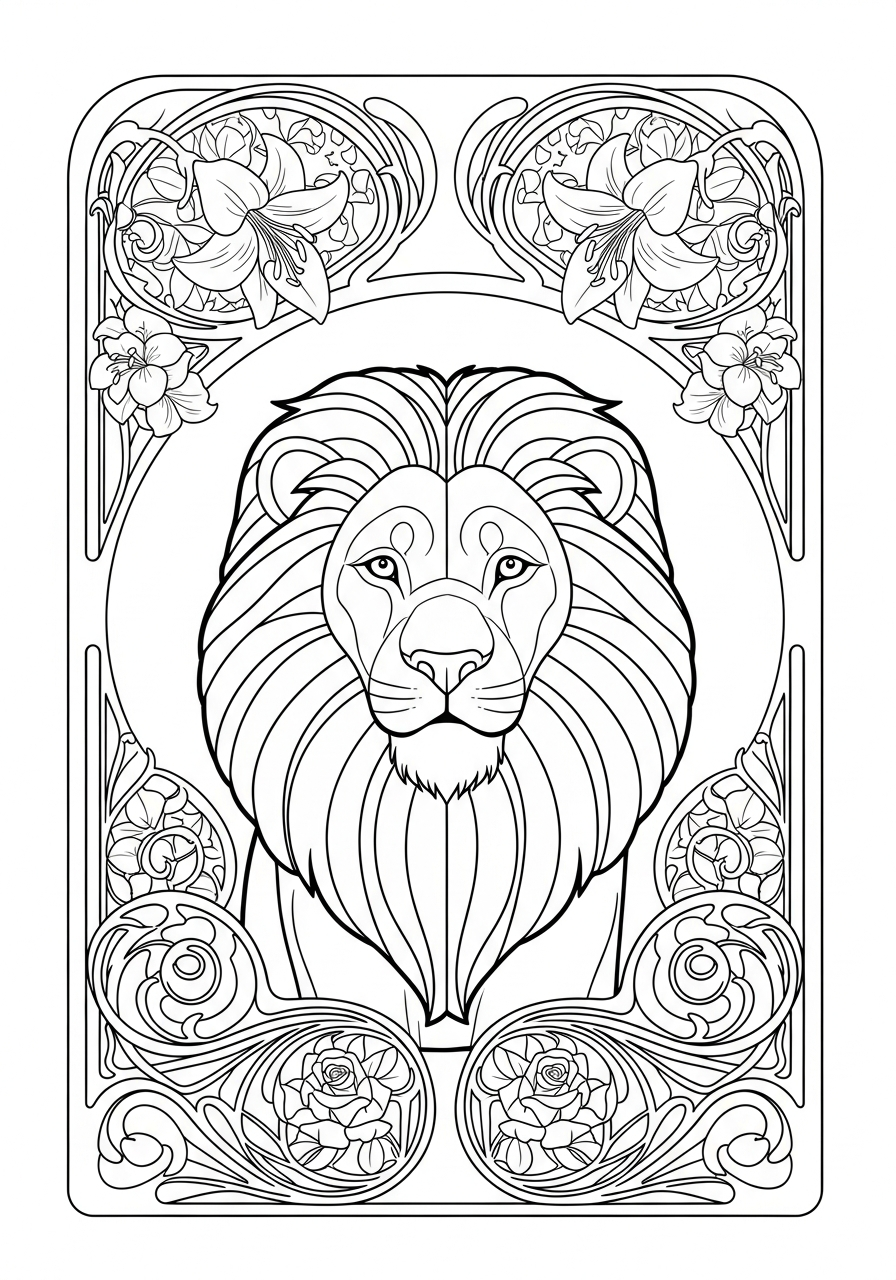 Decorative art nouveau lion coloring page