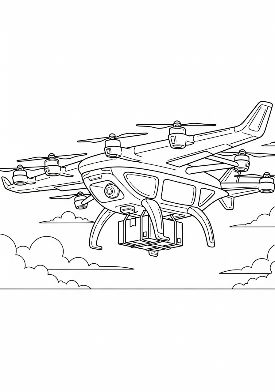 Airplane Coloring Pages 12 Delivery drone carrying package box coloring page