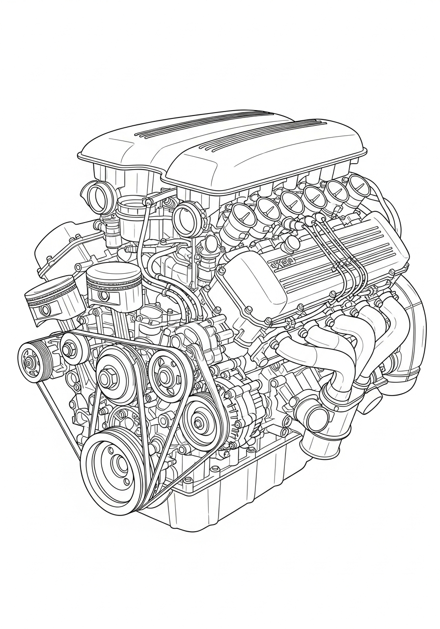 Ferrari Coloring Pages 10 Detailed Ferrari V12 engine block coloring page