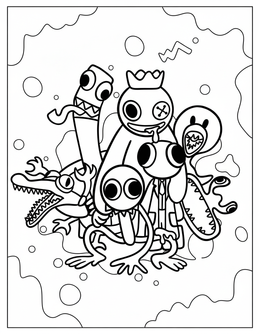Rainbow Friends Coloring Pages 13 Detailed character group poster Rainbow Friends coloring page