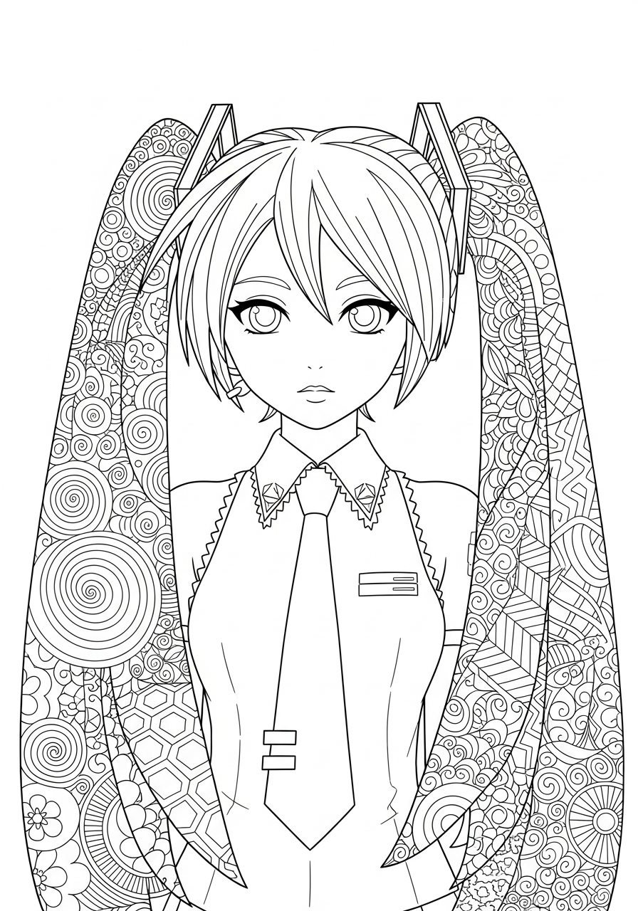 Detailed hair pattern Miku coloring page