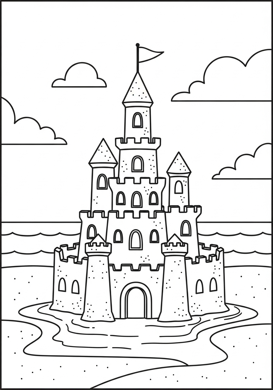 Detailed sandcastle on the shore coloring page