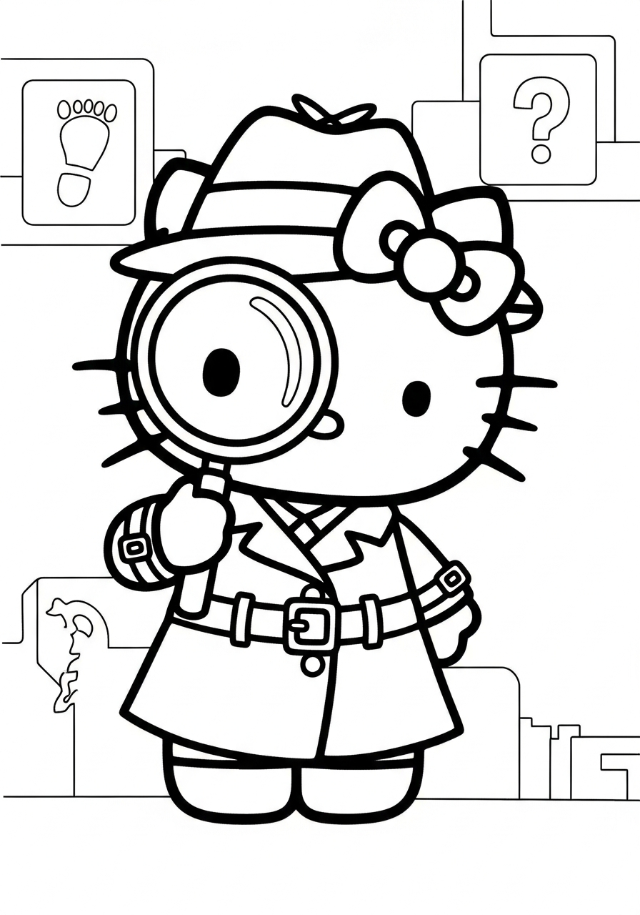Detective Hello Kitty with magnifying glass coloring page