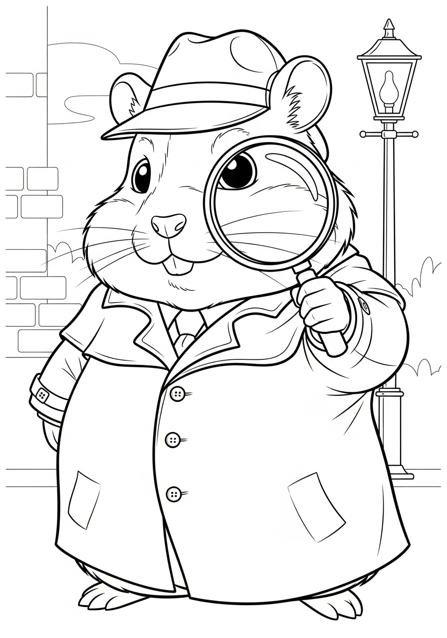 Detective hamster holding magnifying glass coloring page