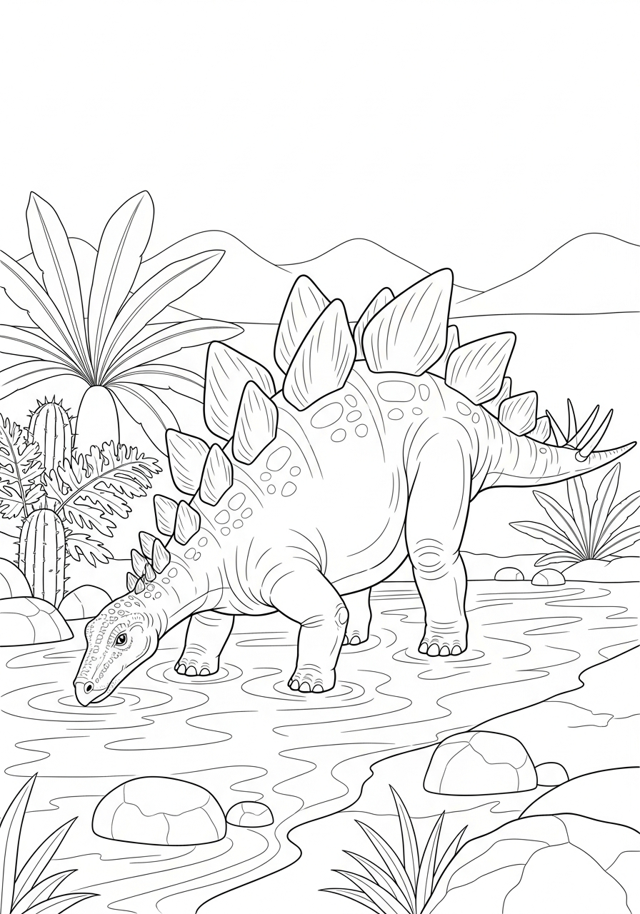 Dinosaur drinking from river stegosaurus coloring page