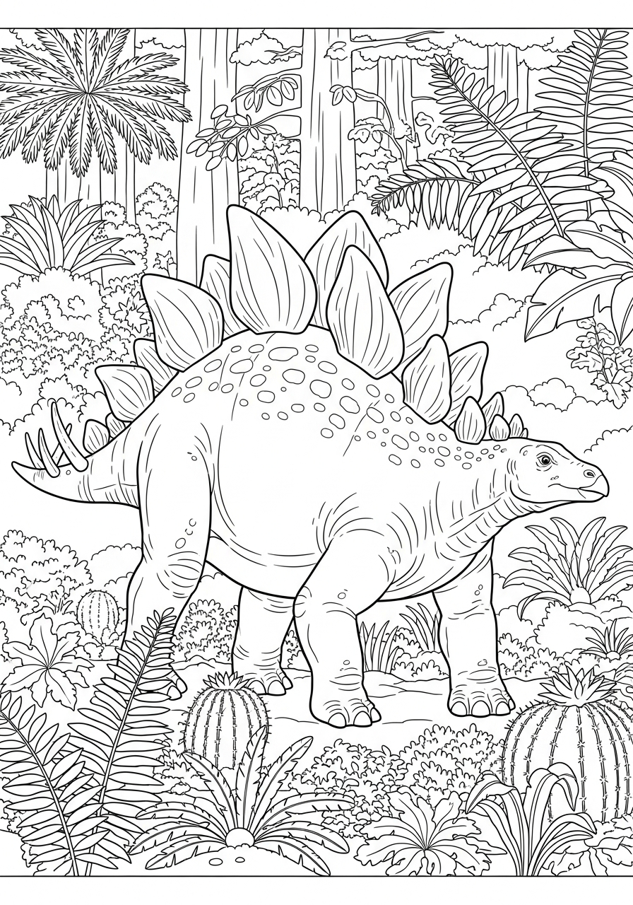 Dinosaur in jurassic forest stegosaurus coloring page