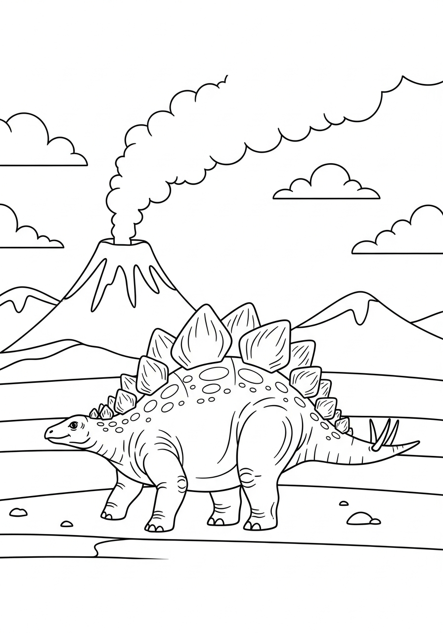 Dinosaur walking near volcano stegosaurus coloring page