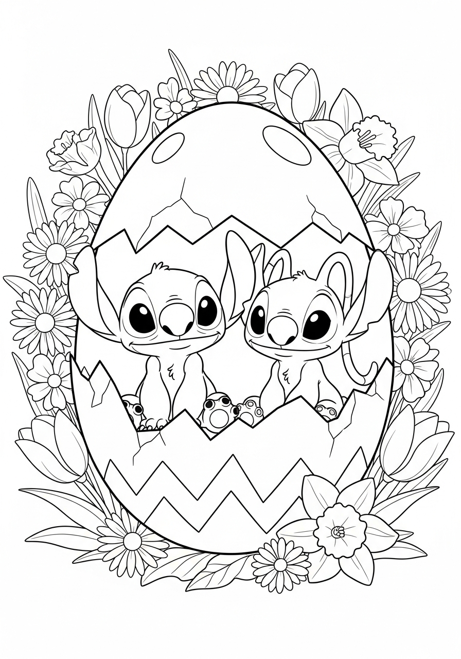 Easter Stitch and Angel egg coloring page