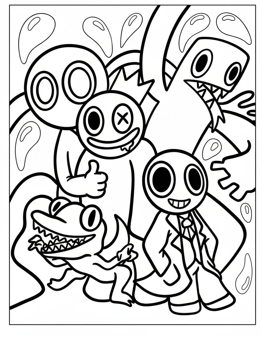 Rainbow Friends Coloring Pages 14 Easy full page group Rainbow Friends coloring page