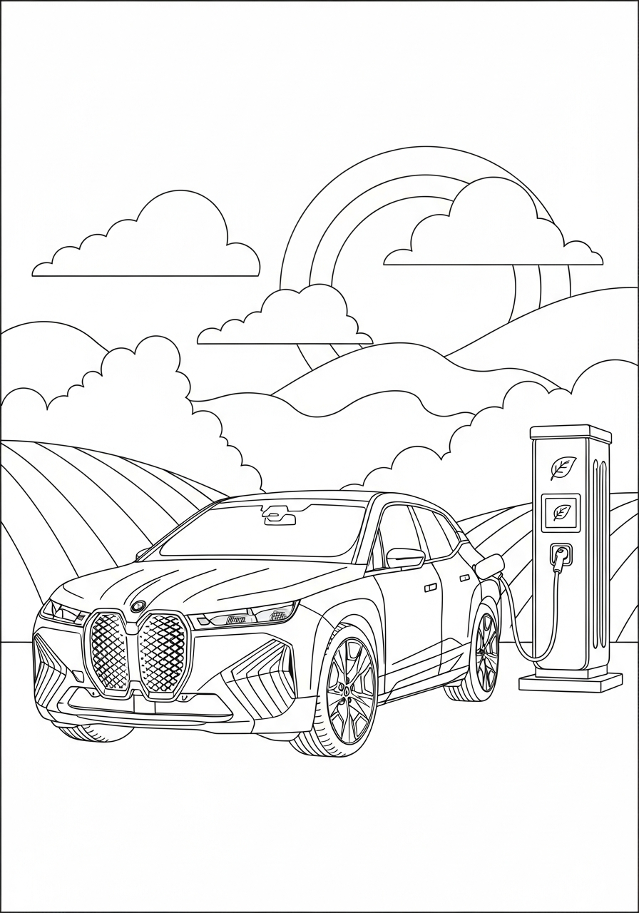 Electric BMW iX charging station coloring page