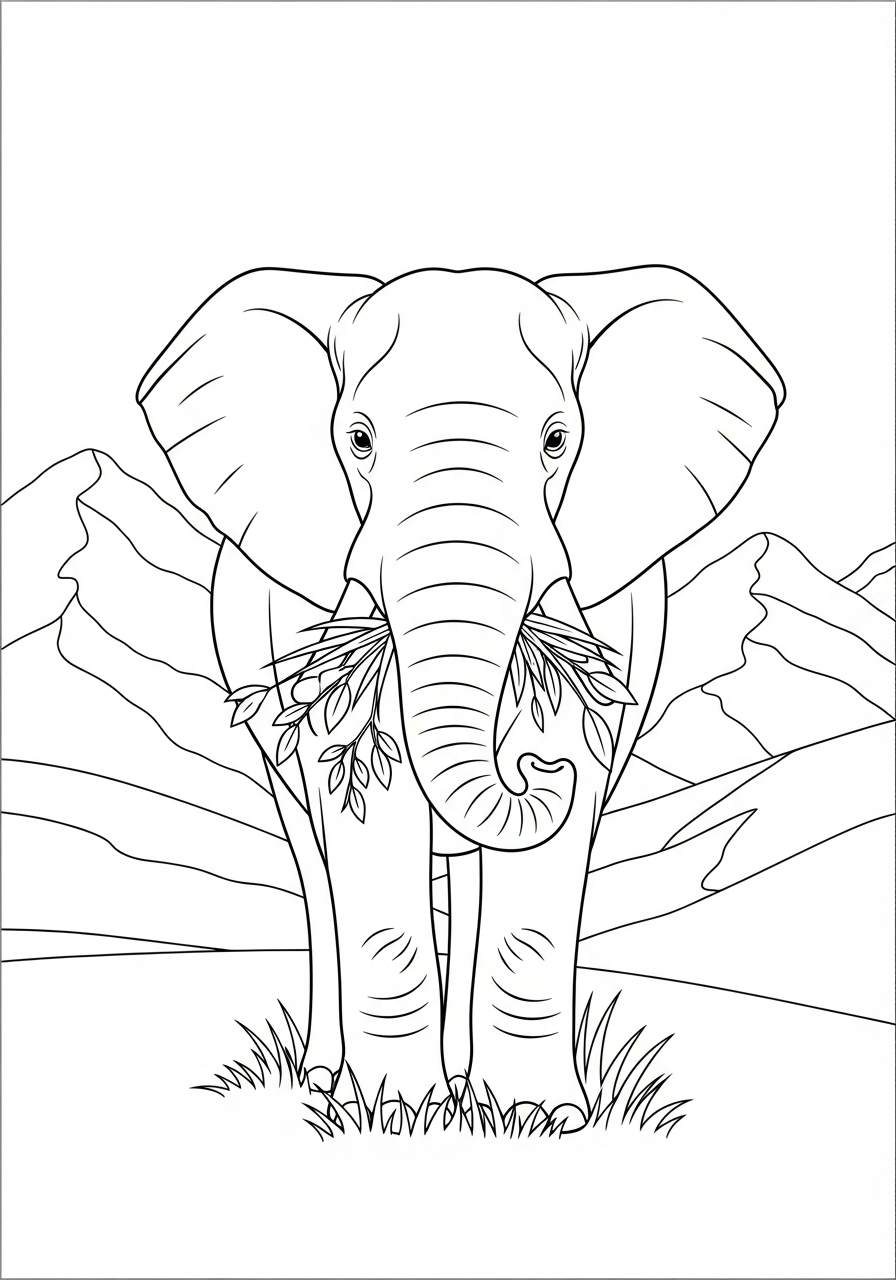 Elephant Coloring Pages 17 Elephant grazing near mountains coloring page
