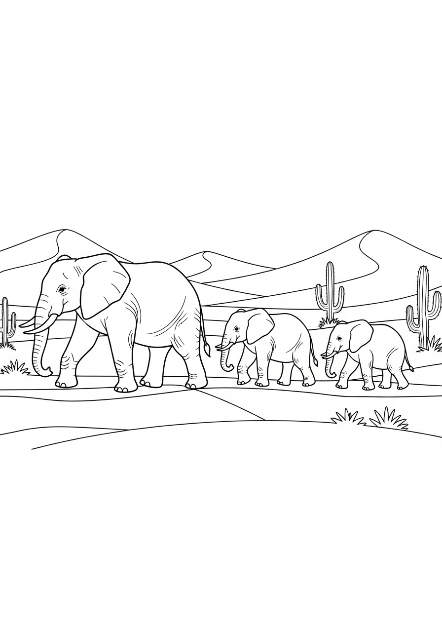 Elephant Coloring Pages 18 Elephant herd walking in desert coloring page