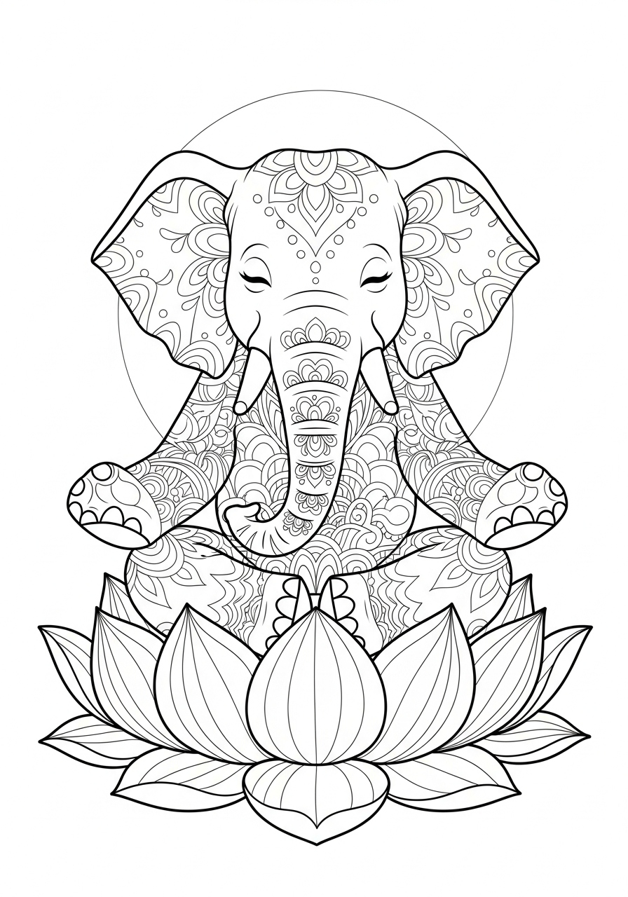Elephant Coloring Pages 19 Elephant sitting on lotus flower coloring page