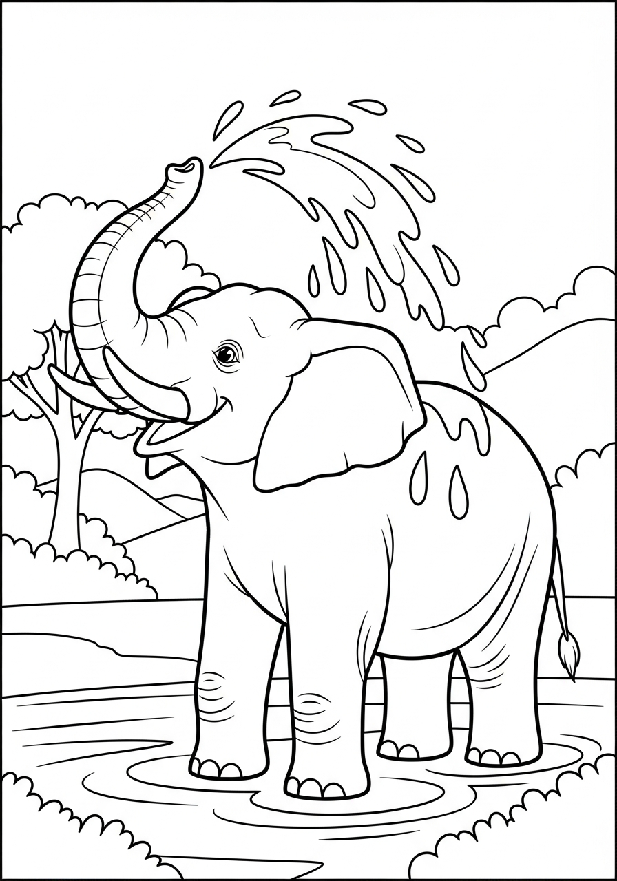 Elephant Coloring Pages 20 Elephant splashing water in river coloring page