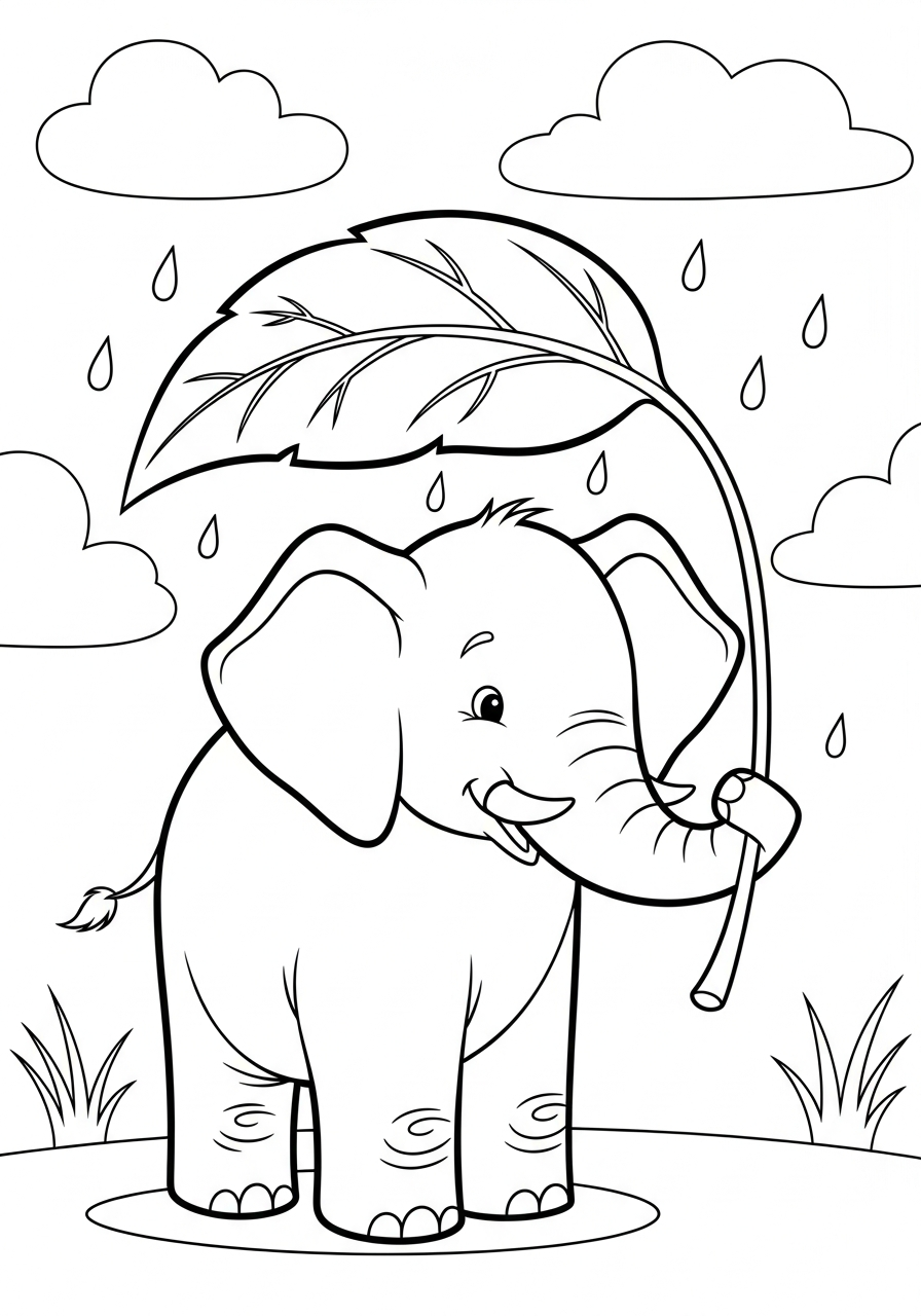 Elephant Coloring Pages 21 Elephant under leaf umbrella coloring page