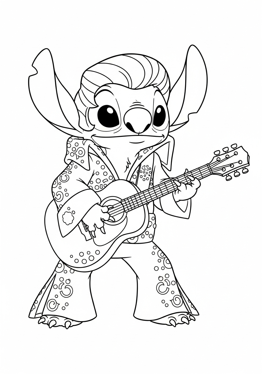 Elvis Stitch playing guitar coloring page