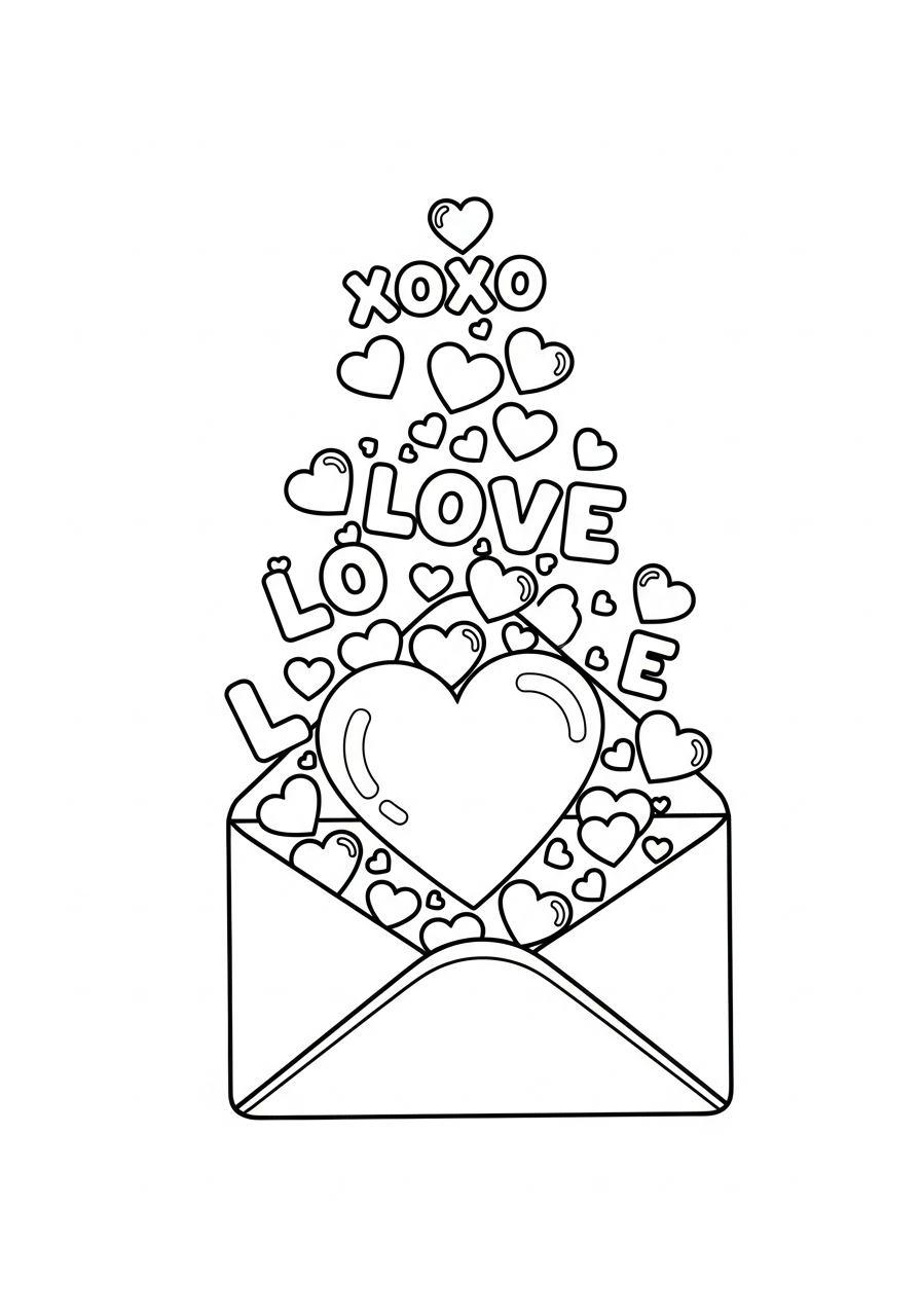 Valentine's Day Coloring Pages 14 Envelope bursting with hearts valentine coloring page