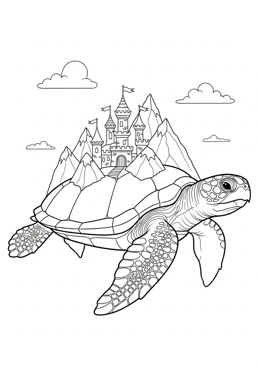 Fantasy castle on turtle back coloring page