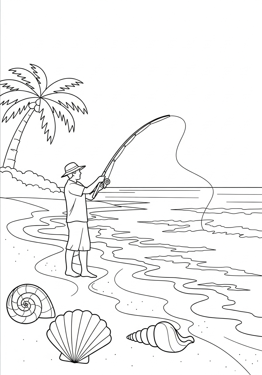 Fishing rod casting into ocean coloring page