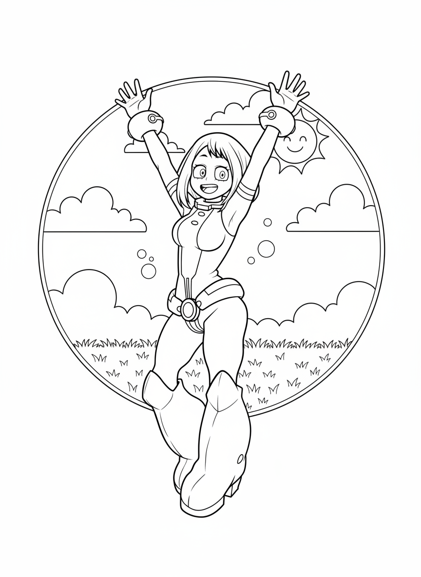 Floating Uraraka hero costume My Hero Academia coloring page