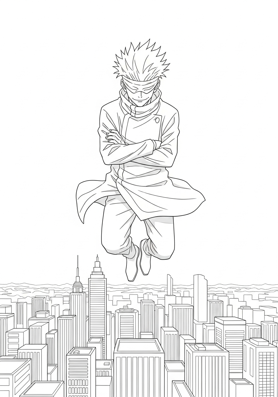 Satoru Gojo Coloring Pages 13 Flying Satoru Gojo above city coloring page